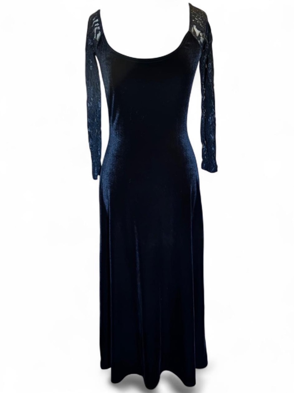 Moda International Black Velvet Long Sleeve Evening Dress with Lace Sleeves